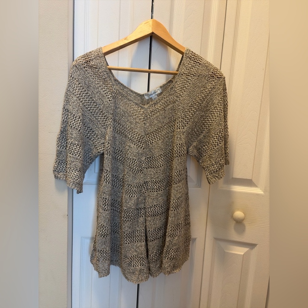Dressbarn Petite M Open Knit V Neck Short Sleeve Sweater Top Neutral
